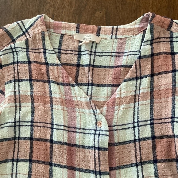 Como Vinatge plaid waist tie v neck button down long sleeve blouse size Medium - Picture 3 of 4